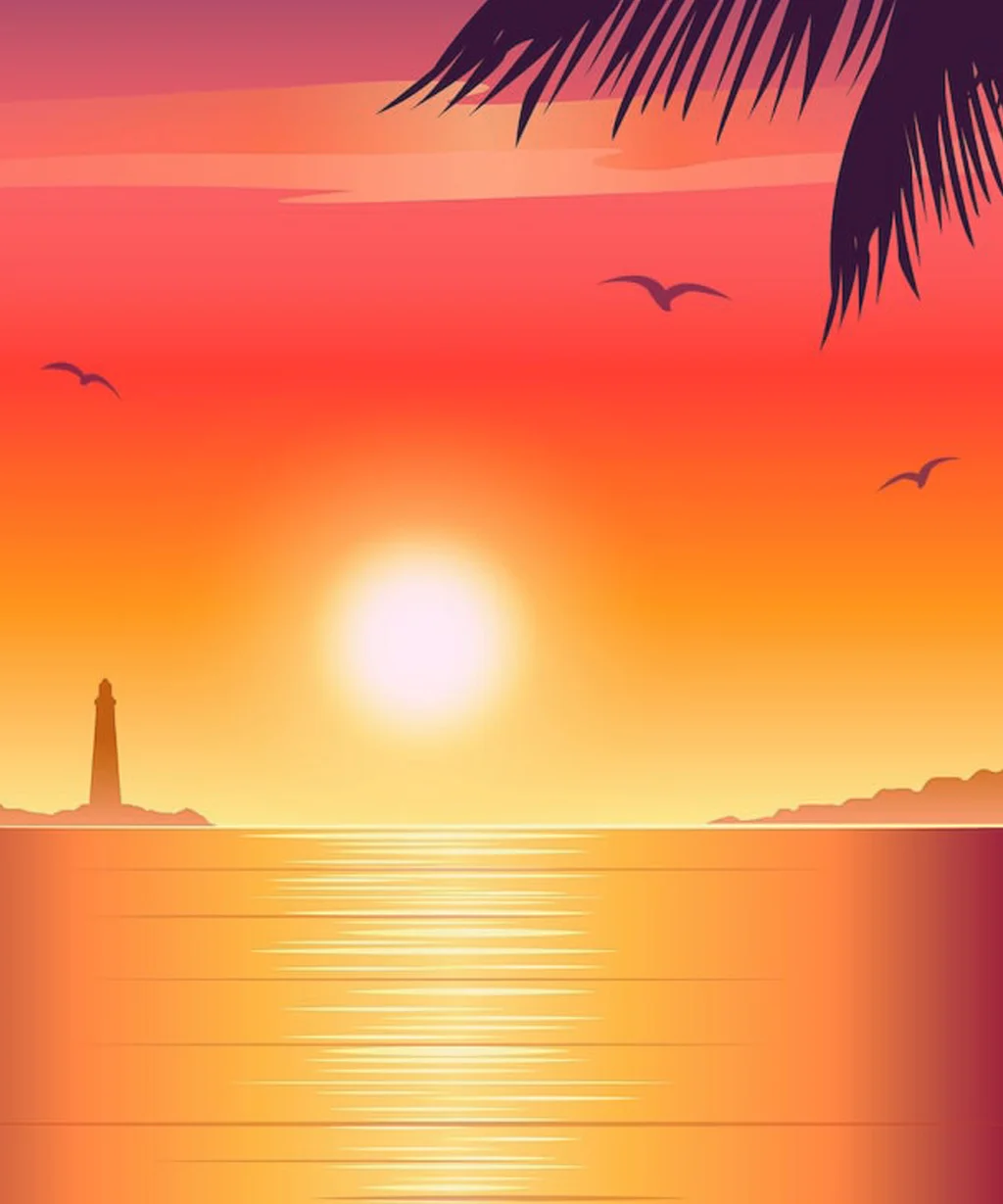 NILS am See: Weinverkostung mit Übernachtung im Burgenland Sonnenuntergang am Meer mit Palmen, Vögeln und Leuchtturm im Hintergrund