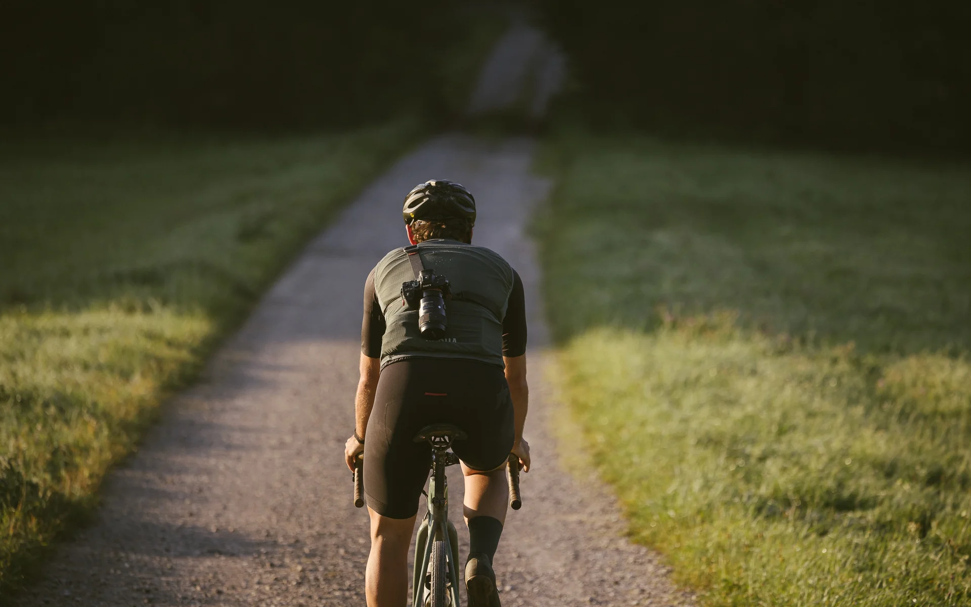 News aus dem NILS am See Fahrradfahrer auf schmalem Weg umgeben von Wiese bei Sonnenlicht