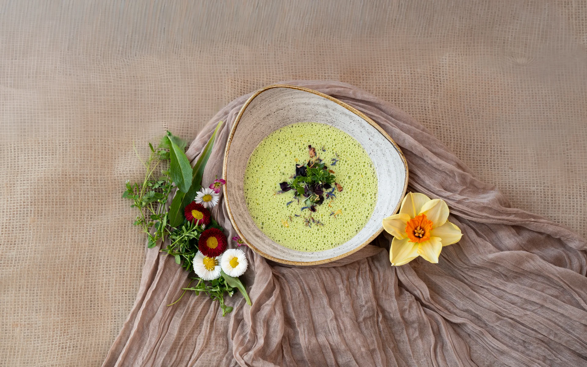 Restaurant Ankkuri am Neusiedler See Grüne cremige Suppe in Schale mit Blüten und Kräutern dekoriert auf Stoff