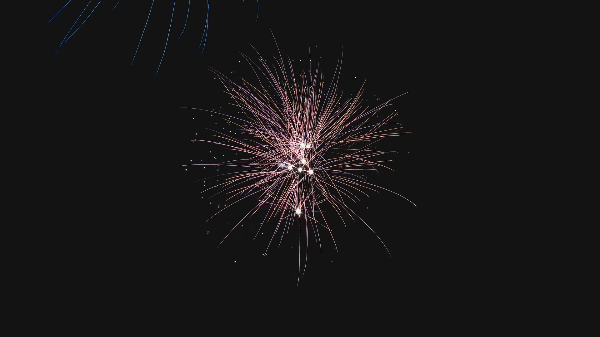 NILS am See | Silvester am Neusiedler See Feuerwerk mit roten und weißen Lichtstrahlen vor dunklem Nachthimmel