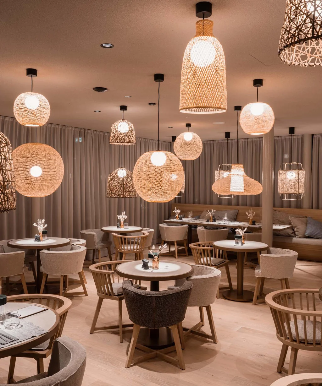 NILS am See: das Boutiquehotel am Neusiedler See Gemütliches Restaurant mit Stühlen, Tischen und warmen Hängeleuchten