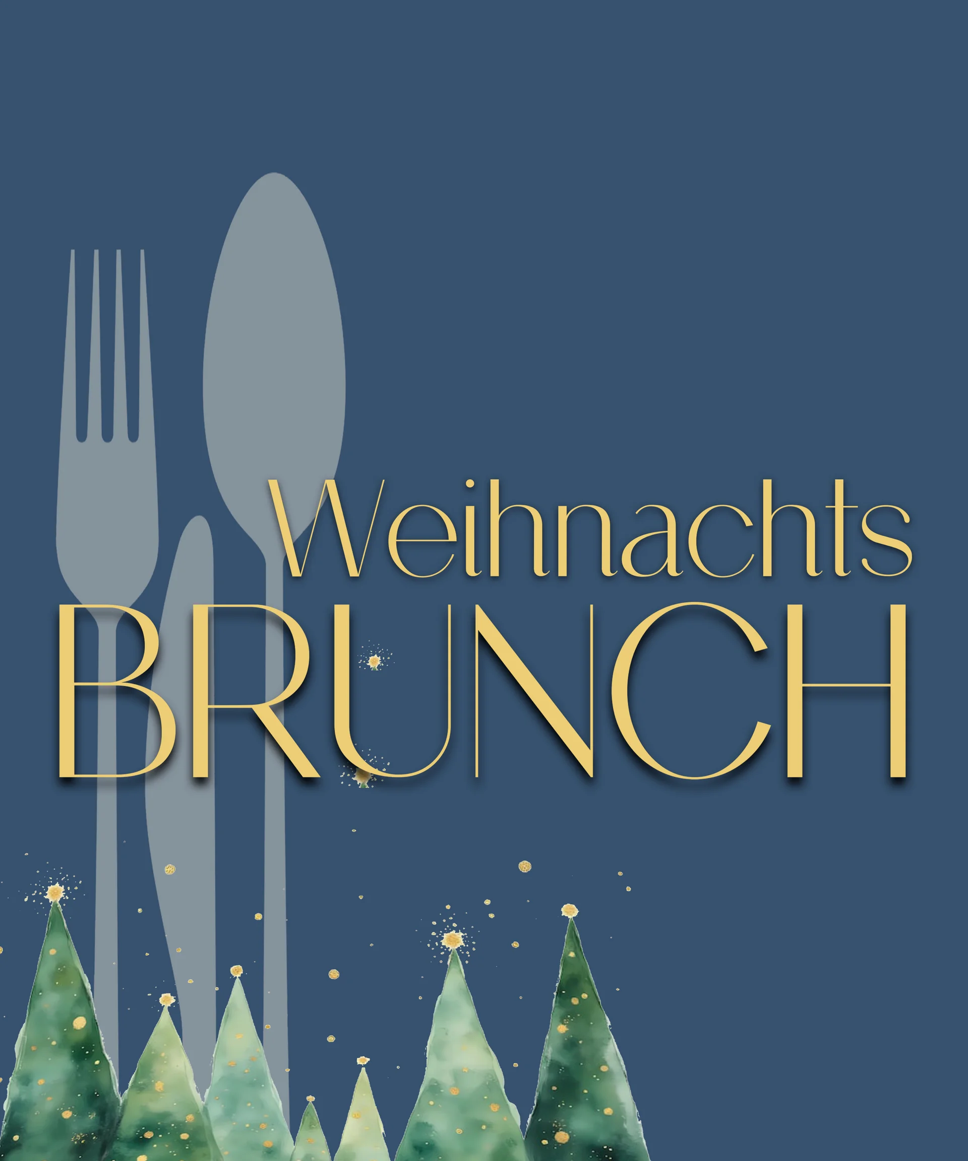 NILS am See: das Boutiquehotel am Neusiedler See Weihnachtsbrunch Schriftzug mit Besteck und Weihnachtsbaumillustrationen auf blauem Hintergrund