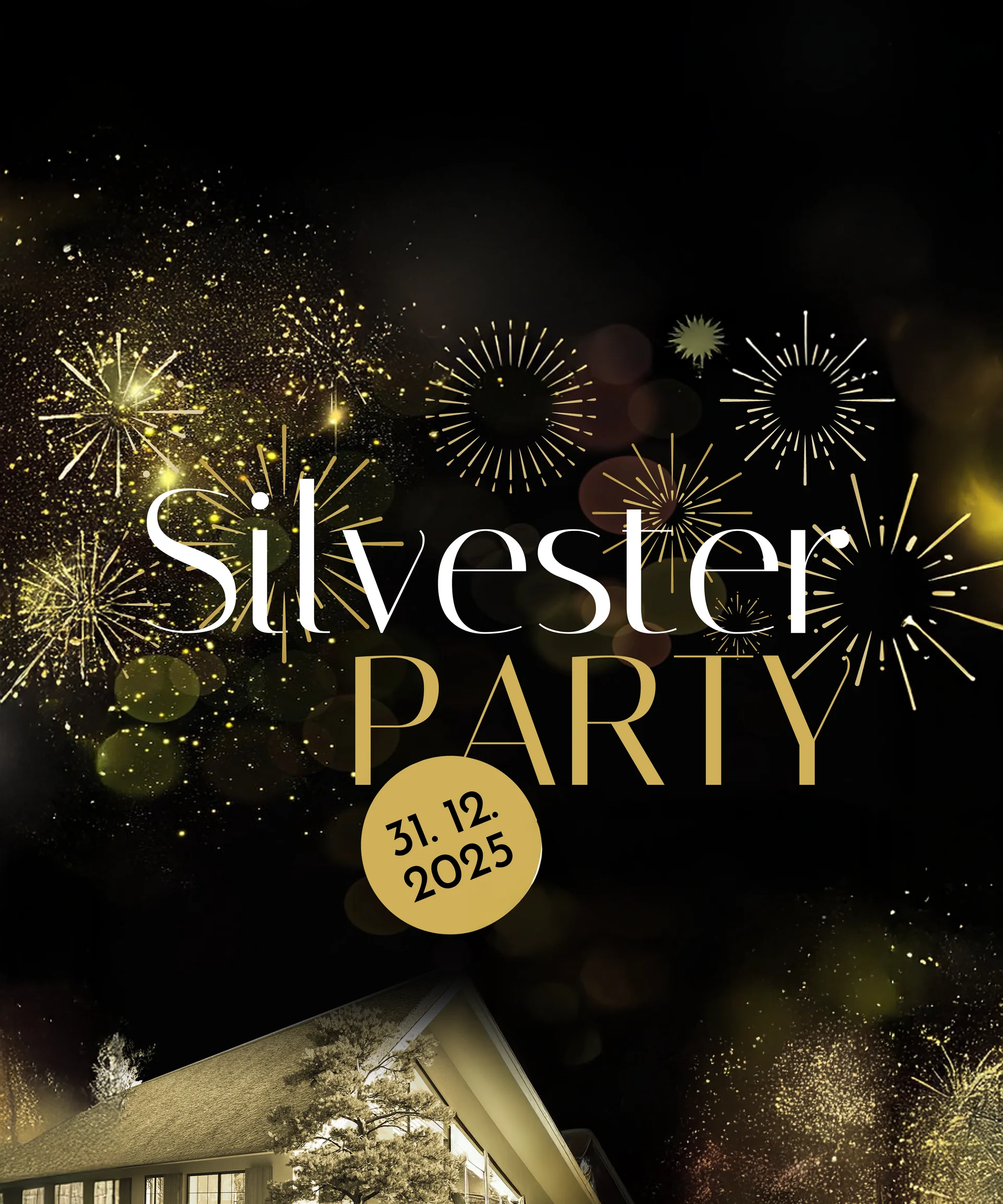 NILS am See: das Boutiquehotel am Neusiedler See Silvesterparty 31.12.2025 mit Feuerwerk und Partymotiv in Gold auf schwarzem Hintergrund