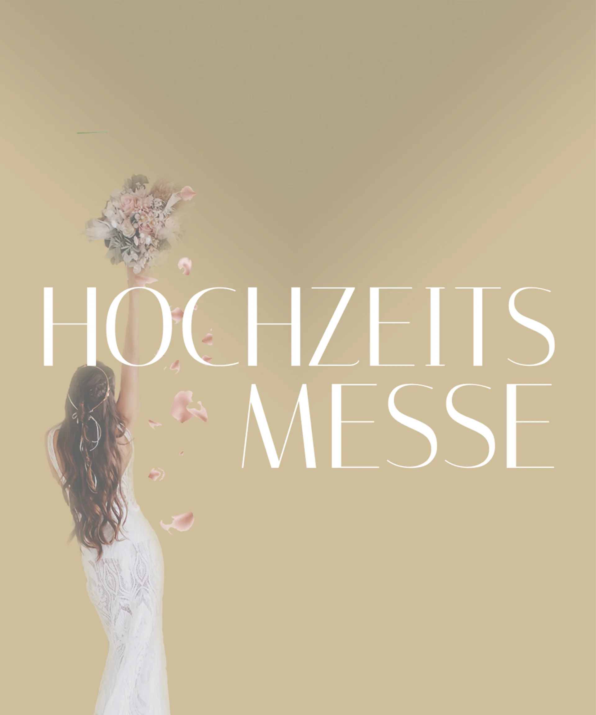 NILS am See: das Boutiquehotel am Neusiedler See Braut mit Brautstrauß und Hochzeitsmesse Schriftzug auf beigem Hintergrund