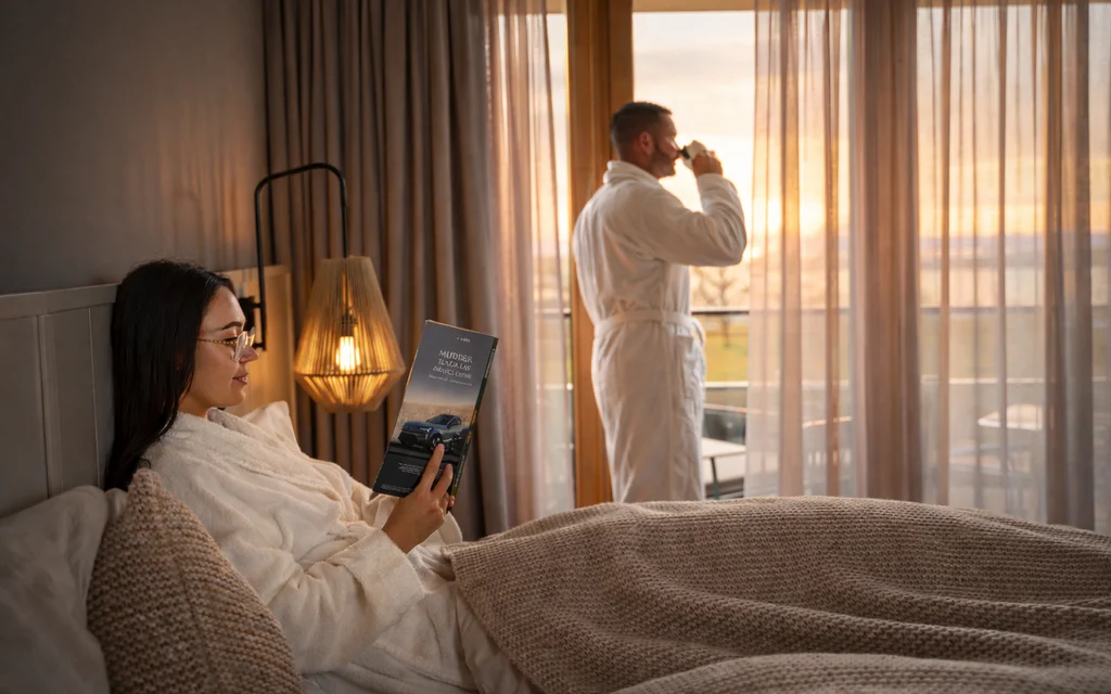 NILS am See: das Boutiquehotel am Neusiedler See Frau liest Buch im Bett, Mann trinkt Kaffee am Fenster bei Sonnenuntergang